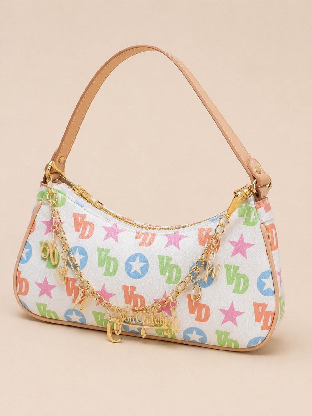 🆕️NWT Von Dutch Y2K Multi Monogram Shoulder Bag w/ Gold Charm Chain